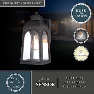 Pilsen 6.5 in. Charcoal Brushed Charcoal Black Outdoor Wall Lantern, Dusk to Dawn Photocell, Clear Glass Panels