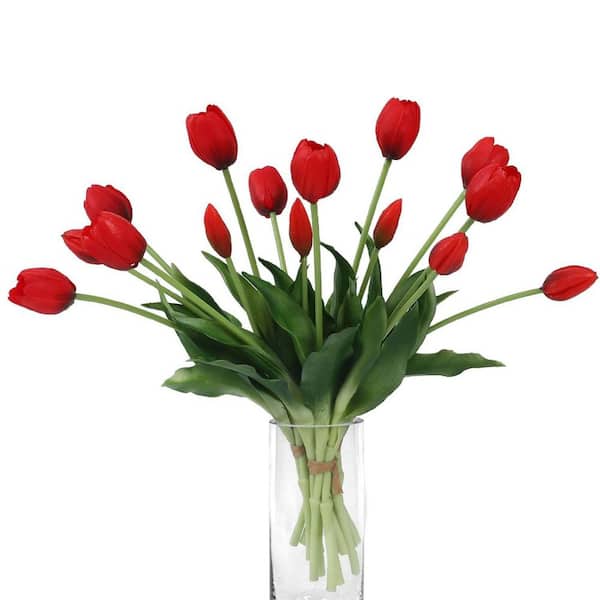 Living Room Decor Series: 15.7"H x 4.7"W Red 15-Piece Artificial Tulip Bouquet