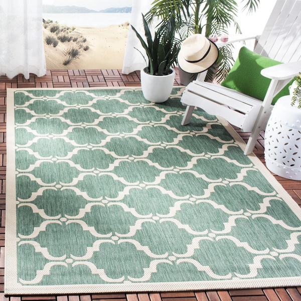 Courtyard Dark Green/Beige 8 ft. x 11 ft. Border Indoor/Outdoor Patio  Area Rug