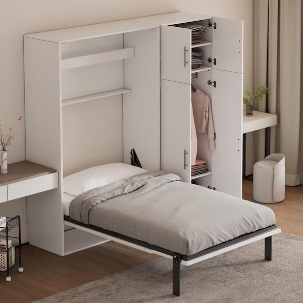 Harper & Bright Designs White Wood Frame Twin Size Murphy Bed with Lockers and Wardrobes