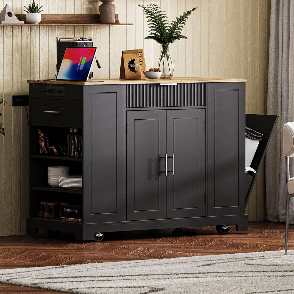 Black Wood 48.5 in. Kitchen Island with Trash Can Storage Cabinet, Power Outlet, 3 Drawer, 3 Open Side Racks