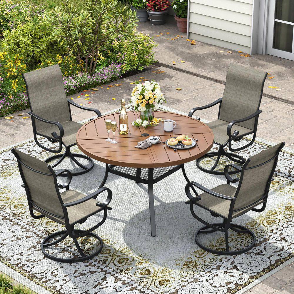 5 Piece Metal Outdoor Patio Dining Set with 40.6 in. Walnut Round Dining Table and 4 Brown Textilene Swivel Chairs price history on PriceWatchPro