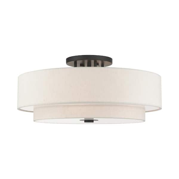 Somerhill 30 in. 6-Light English Bronze Semi Flush Mount with Oatmeal Fabric Shade