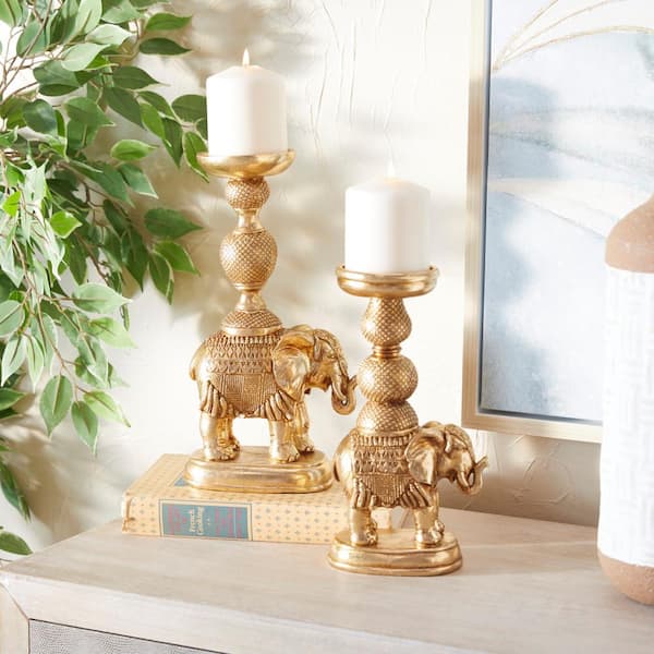 Litton Lane Gold Polystone Elephant Candle Holder (Set of 2)
