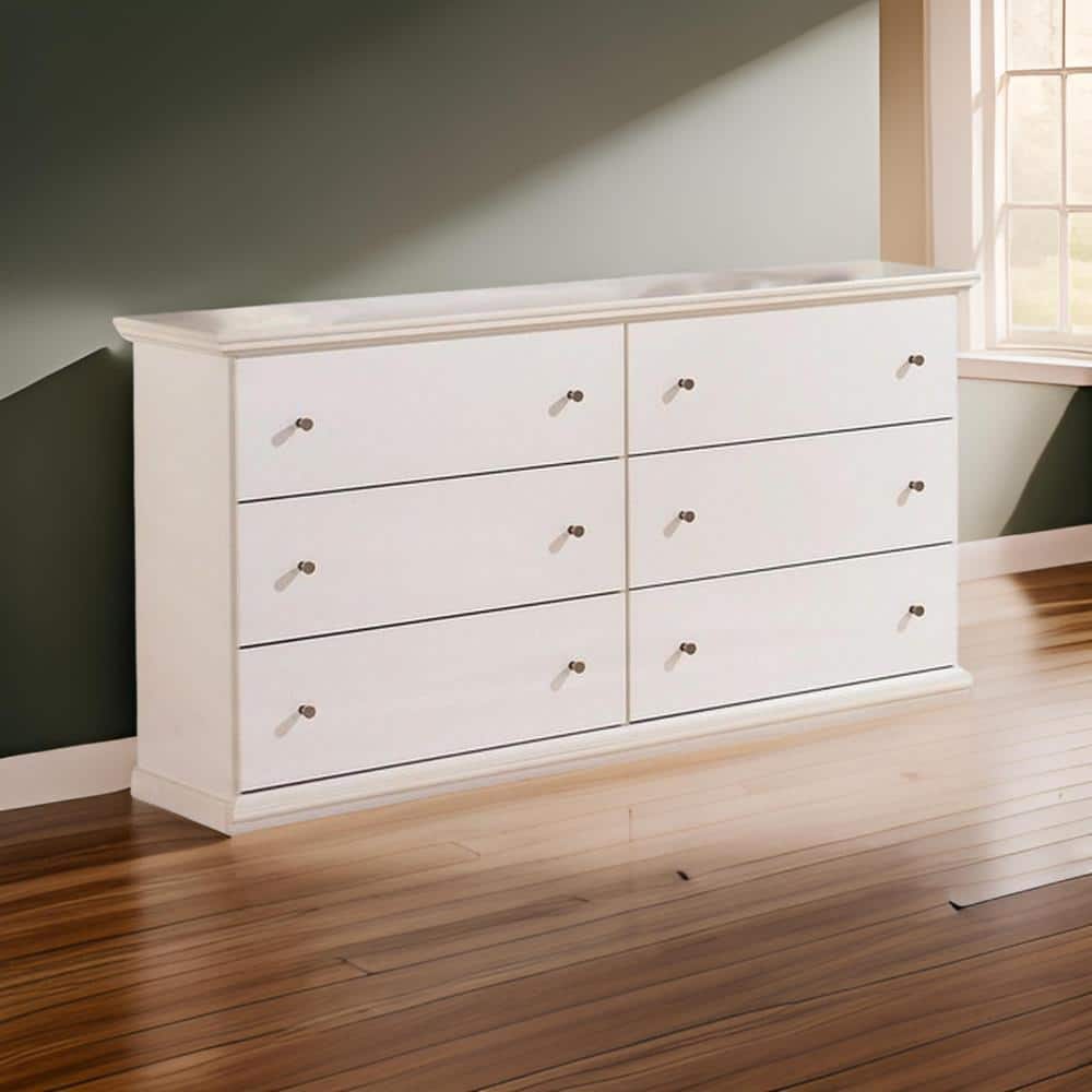 Vick 63" White Wood 6-Drawer Wide Dresser with Pewter Knobs