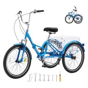 Folding Adult Tricycle 24 in. 7-Speed Adult Folding Trikes Carbon Steel 3 Wheel Cruiser Bike Foldable Tricycles, Blue
