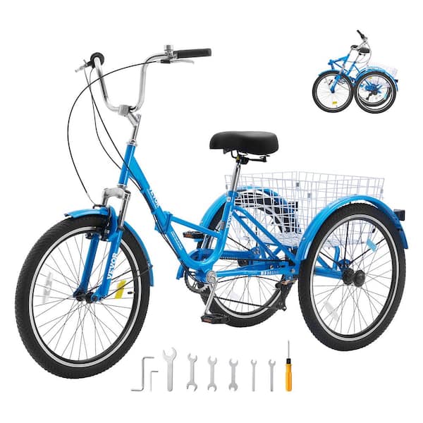 Folding Adult Tricycle 24 in. 7-Speed Adult Folding Trikes Carbon Steel 3 Wheel Cruiser Bike Foldable Tricycles, Blue