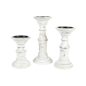 Antique White Wooden Pillar Candle Holders Set of 2, Rustic Farmhouse ...