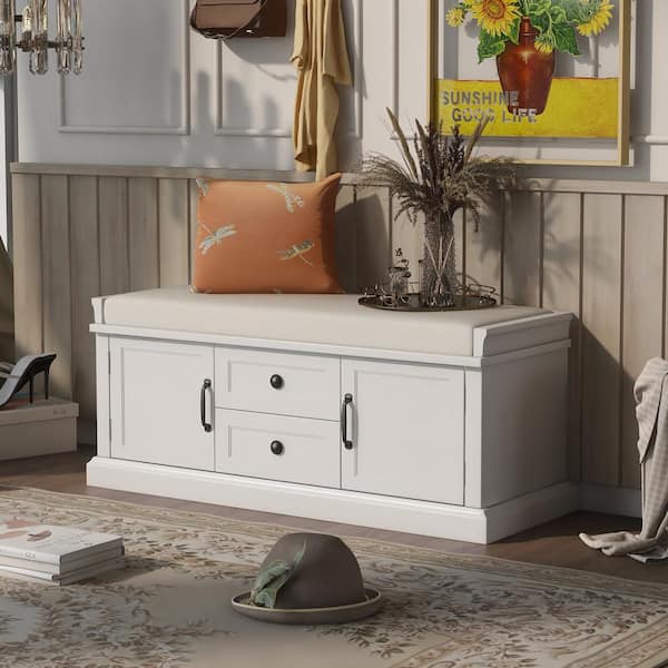 LUCKY ONE 17.5 in. H x 42.5 in. W White Wood Shoe Storage Bench with 2-Drawers, 2-Cabinets and Removable Cushion