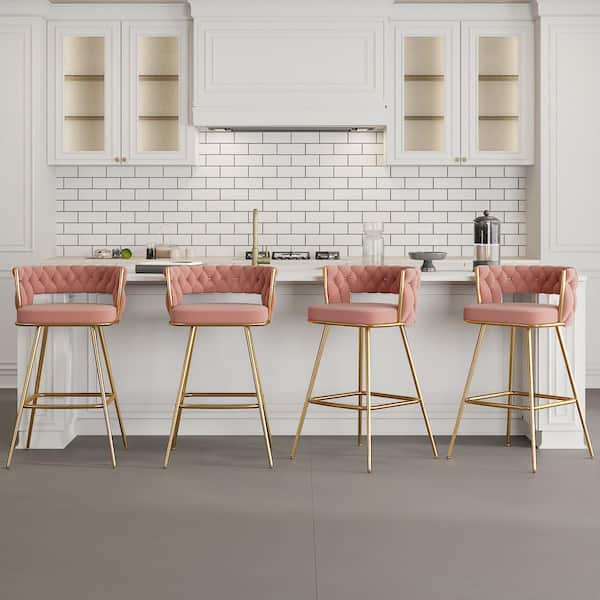 34.25 in. Braided Bar Stools Set Counter Height Kitchen Island Stools w/ Back Support, Pink Metal Bar Chairs (Set of 4)