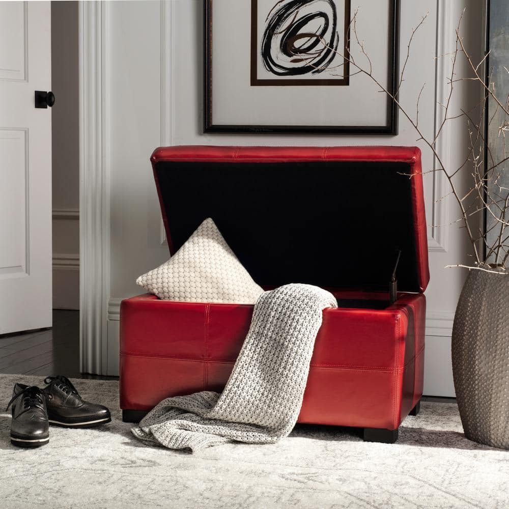 Transitional Red Faux Leather Tufted Storage Ottoman