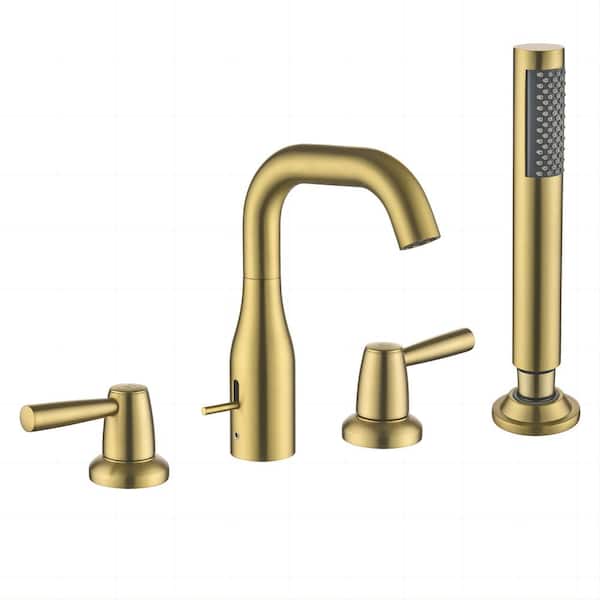 WELLFOR 3-Handle Deck-Mount Roman Tub Faucet with Hand Shower in Brushed Gold