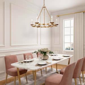 Modern Gold Dining Room Chandelier, 6-Light Farmhouse Brass Wagon Wheel Bedroom Chandelier with White Candlestick Lights