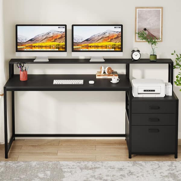 Halseey 63 in. Rectangular Modern Black Wood 3-Drawer Computer Desk Workstation with File Drawer, Monitor Stand