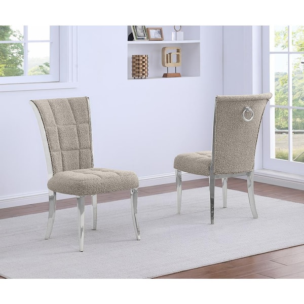 Best Quality Furniture Raina Grey Boucle Fabric Side Chair (Set of 2) with Silver Legs