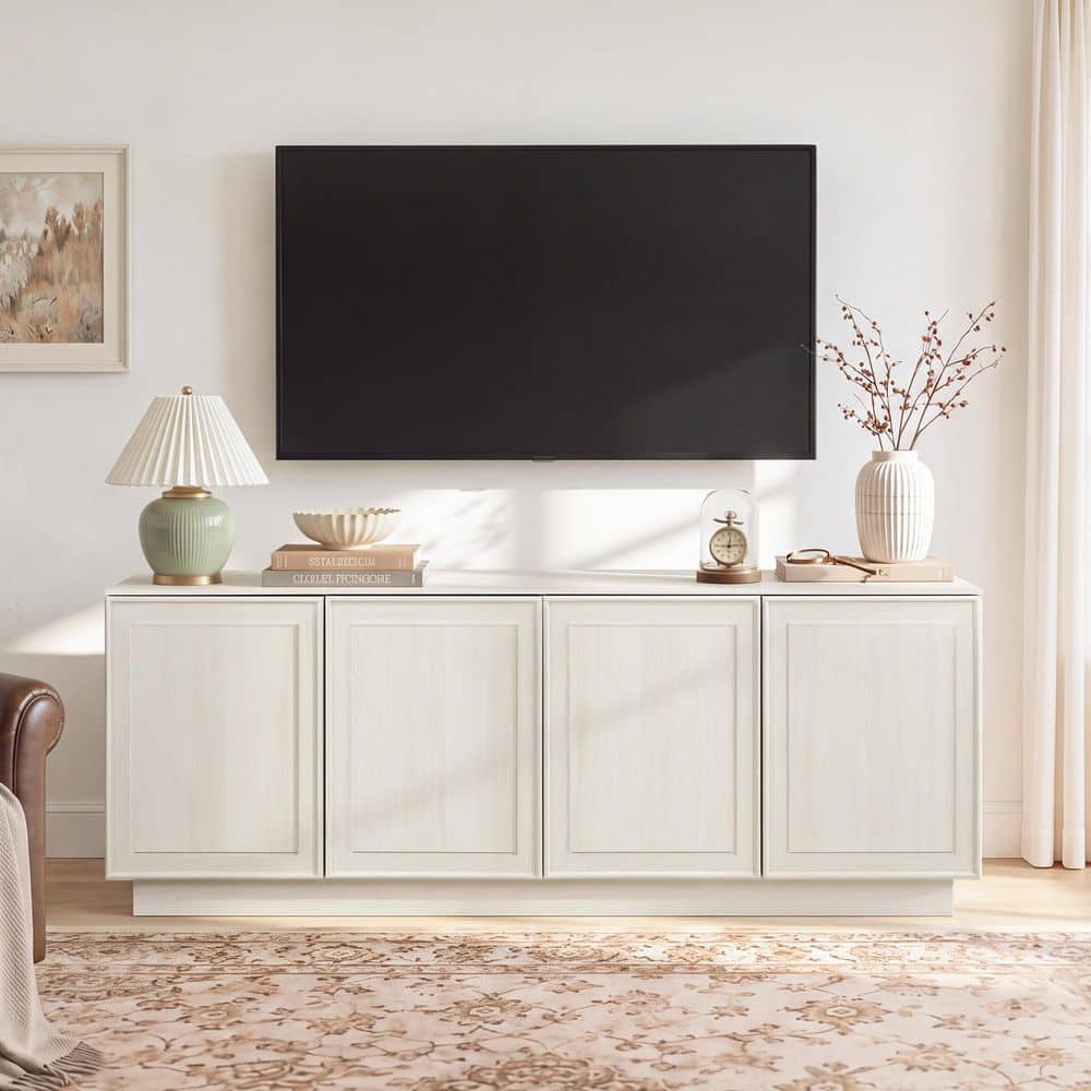 Quincy Vintage White TV Stand with 4 Storage Cabinets, Adjustable Shelves, and Cable Management - Fits TVs up to 80 in.