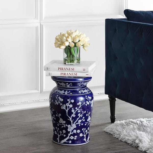 Cherry Blossom 17.7 in. Navy/White Ceramic Garden Stool