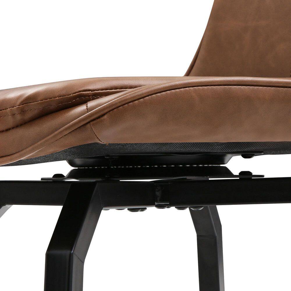 Close-up of the swivel mechanism and seat base of a brown faux leather bar stool.