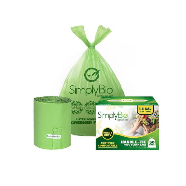 1.6 gal. Compostable Trash Bags, Handle Tie, 0.67 mil., Small Kitchen Food Scrap Waste Bag (50-Count)