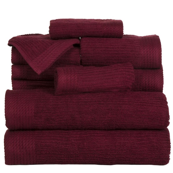 10-Piece Burgundy Ribbed 100% Cotton Bath Towel Set