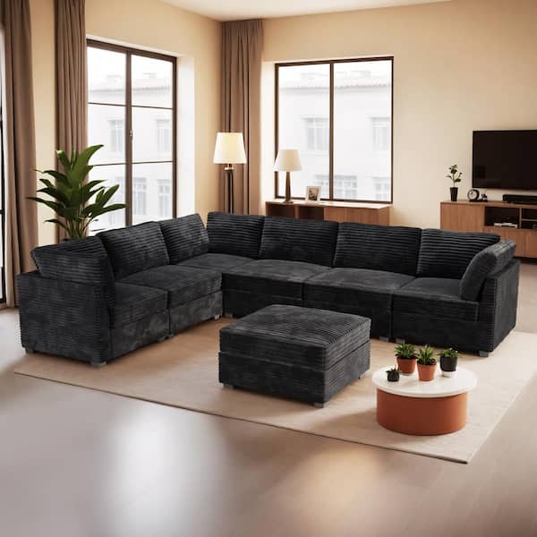 130 in. Square Arm Modern 7-Piece Plush Corduroy L-Shape Free Combination Modular Sectional Sofa in Black with Ottoman
