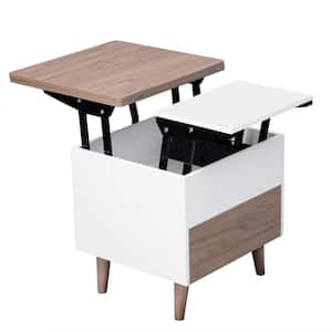 Modern 21.6 in. White and Brown Square MDF Multifunctional Lift Top Coffee Table with Drawer and Hidden Storage