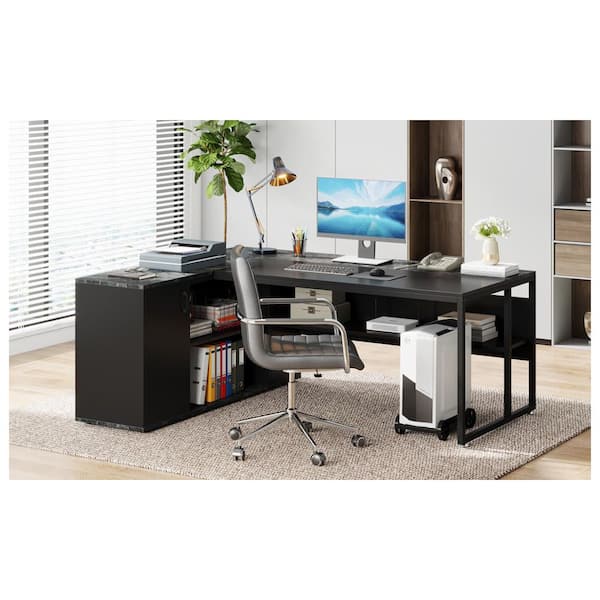 BYBLIGHT Lanit 71 in. L-Shaped Faux Marble Finished Black