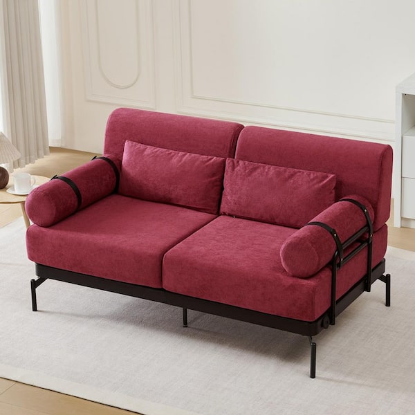 Dirk 59 in. Pillow Top Arm Chenille Upholstered Rectangle Sofa in. Red with USB Ports, Adjustable Straps