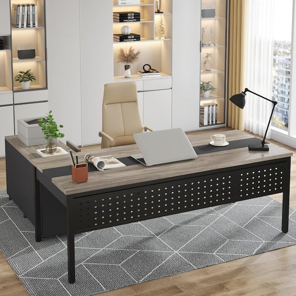 Lanita 71 in. Gray Wood L Shaped Computer Desk with Mobile File Cabinet, Large Modern Executive Desk for Home Office