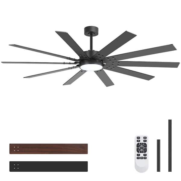 72 in. Black Ceiling Fan with 8 Black/Wood Grain ABS Blades, LED & Remote Included-Downrod Mount for Dining Room