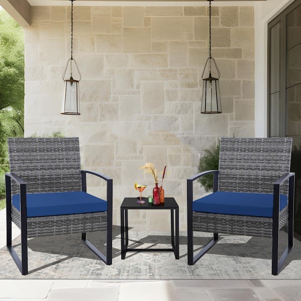 JUSKYS 3-Piece Cute Gray Wicker Patio Conversation Set with Blue Cushions