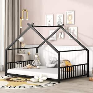Black Full Size Metal House Platform Bed, Low Bed for Kids