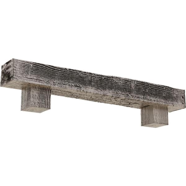Ekena Millwork 4 in. x 8 in. x 7 ft. Rough Sawn Faux Wood Fireplace Mantel Kit, Alamo Corbels, Burnished Pine