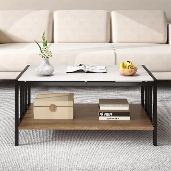 Costway 34 in. 2-Tier White Rectangular Coffee Table with Rock