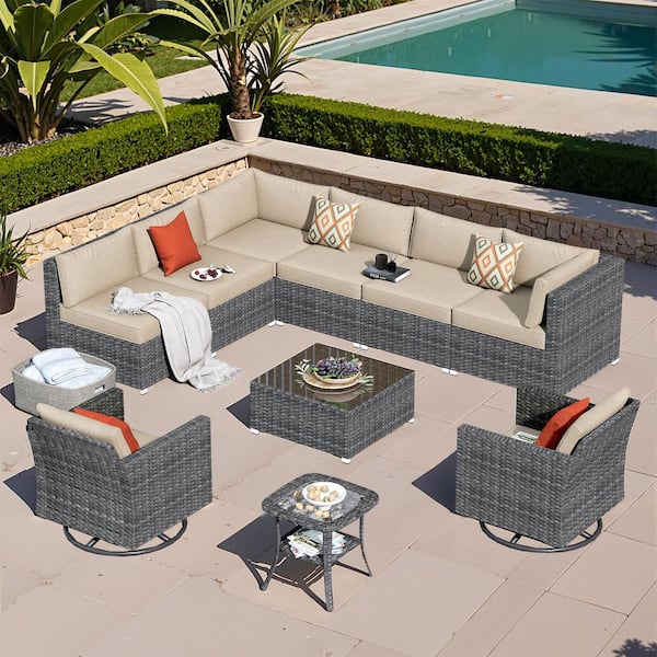 HOOOWOOO Messi Grey 10-Piece Wicker Outdoor Patio Conversation Sofa Seating Set with Swivel Rocking Chairs and Beige Cushions