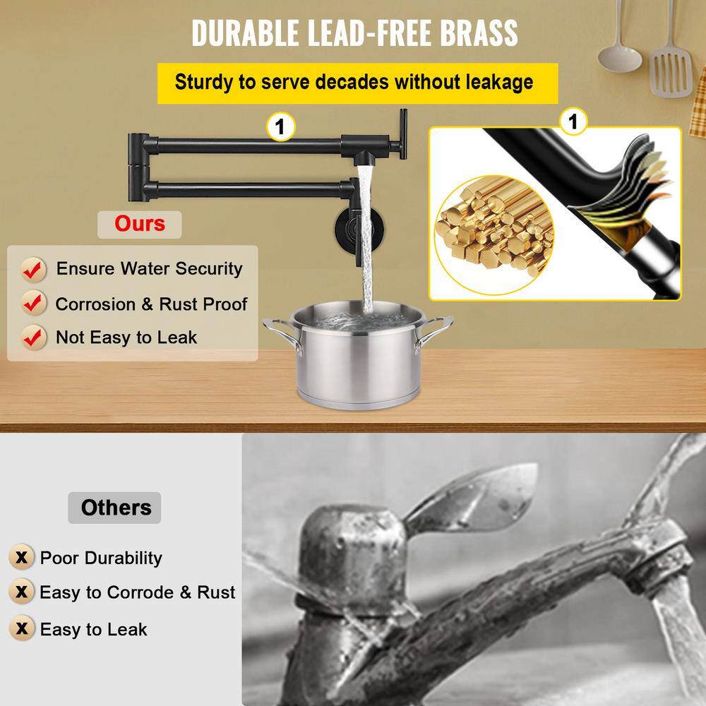 Matte Black Stainless Steel Dual Handle Wall Mount Pot Filler Faucet