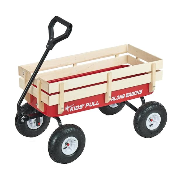 1.54 cu. ft. Metal Garden Cart with Wooden Panels & Handle, Supports up to 330 lbs in Red