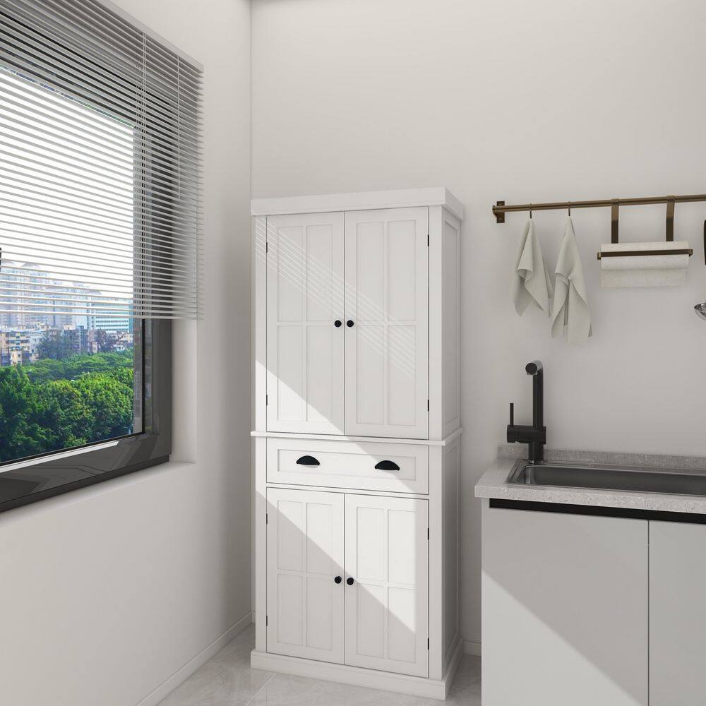 Kitchen Pantry Storage Cabinet, with 4-Doors, Drawer, 2-Adjustable Shelves, Freestanding Cupboard in White price history on PriceWatchPro