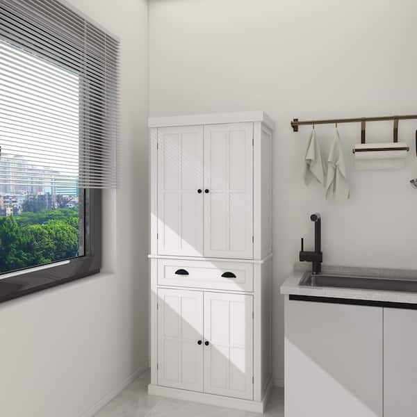 Kitchen Pantry Storage Cabinet, with 4-Doors, Drawer, 2-Adjustable Shelves, Freestanding Cupboard in White