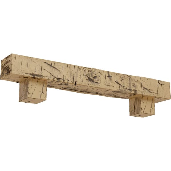 Ekena Millwork 4 in. x 6 in. x 6 ft. Hand Hewn Faux Wood Fireplace Mantel Kit with Alamo Corbels, Natural Pine