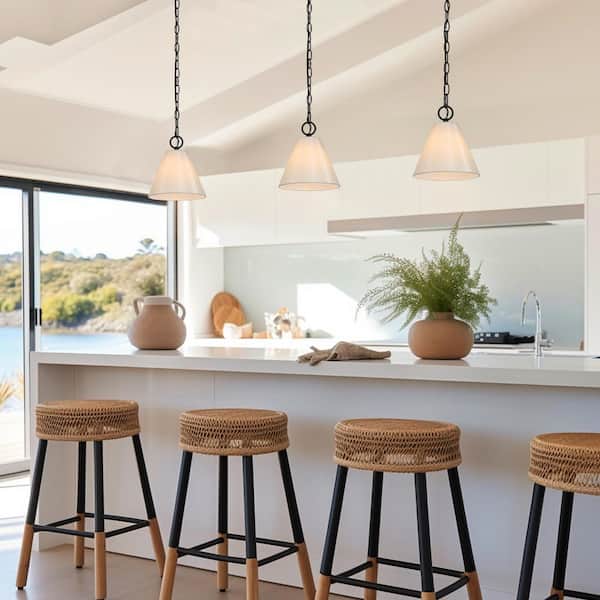 Modern White Pendant Light with Fabric Shade 1-Light Painted Black Minimalist Bell Hanging Light for Dining Room Kitchen