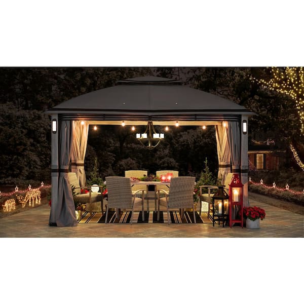 Monterey Park 10 ft. x 13 ft. Gray 2-Tier Soft Top Gazebo with LED Lighting, Bluetooth Sound, Netting and Curtain
