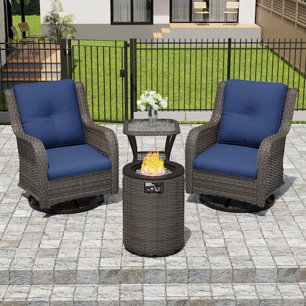 4-Piece Brown Wicker Frame Fire Pit Patio Sets with 2 Swivel Chairs Dark Blue Cushions, 1 Fire Pit and 1 Side Table