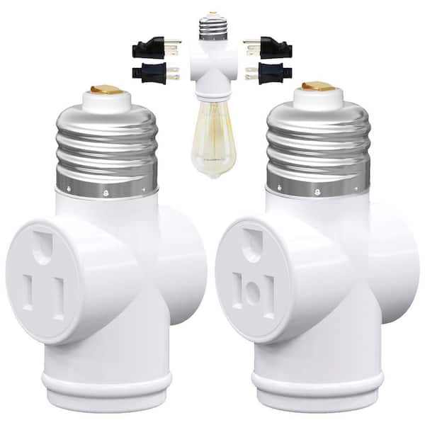 Light Socket to Plug Adapter, 3-Prong Outlet Adapter and Light Bulb Socket White