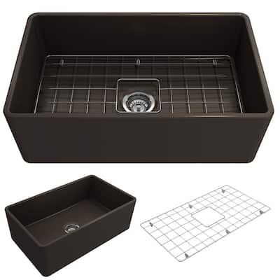 Classico Farmhouse Apron Front Fireclay 30 in. Single Bowl Kitchen Sink with Bottom Grid and Strainer in Matte Brown