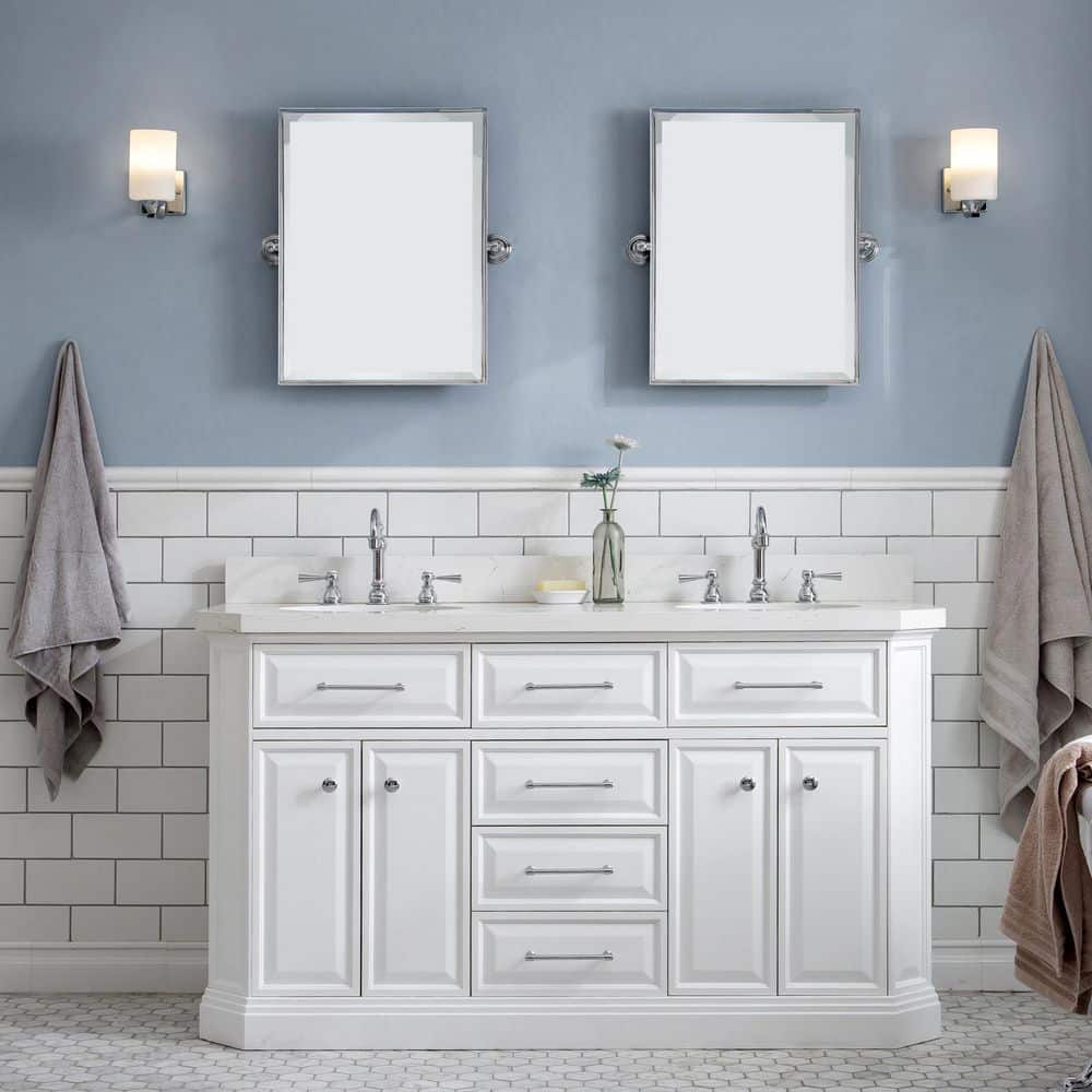 Palace 60 in. W x 22 in. D x 34 in. H Double Sink Bath Vanity in Pure White with Carrara White Quartz Top and Faucets price history on PriceWatchPro