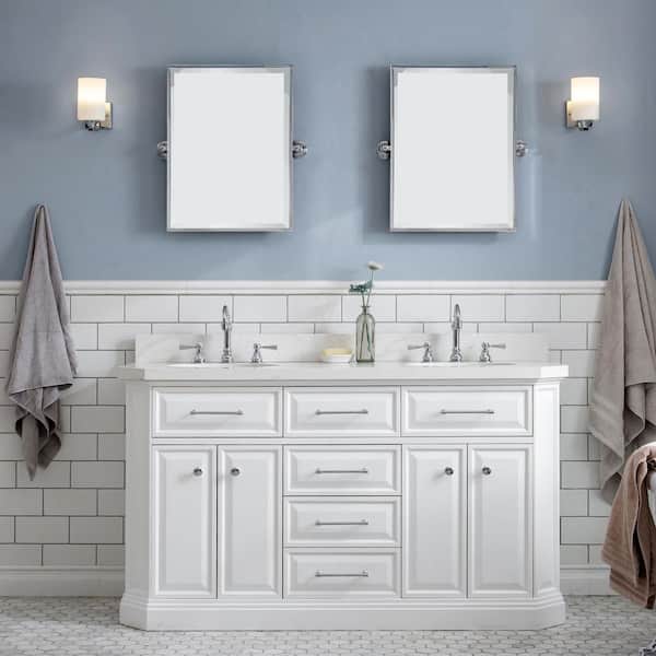 Palace 60 in. W x 22 in. D x 34 in. H Double Sink Bath Vanity in Pure White with Carrara White Quartz Top and Faucets