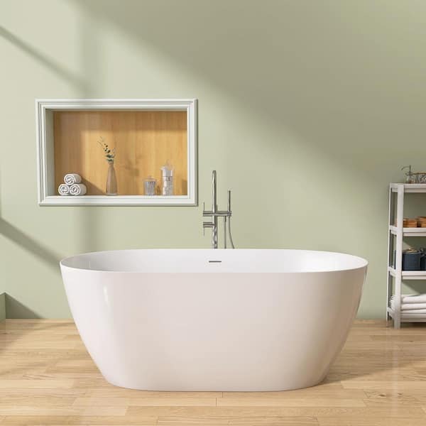 Zeafive 51 in. x 27.5 in. Oval Acrylic Free Standing Bath Tub Flatbottom Freestanding Soaking Bathtub with Chrome Drain in White