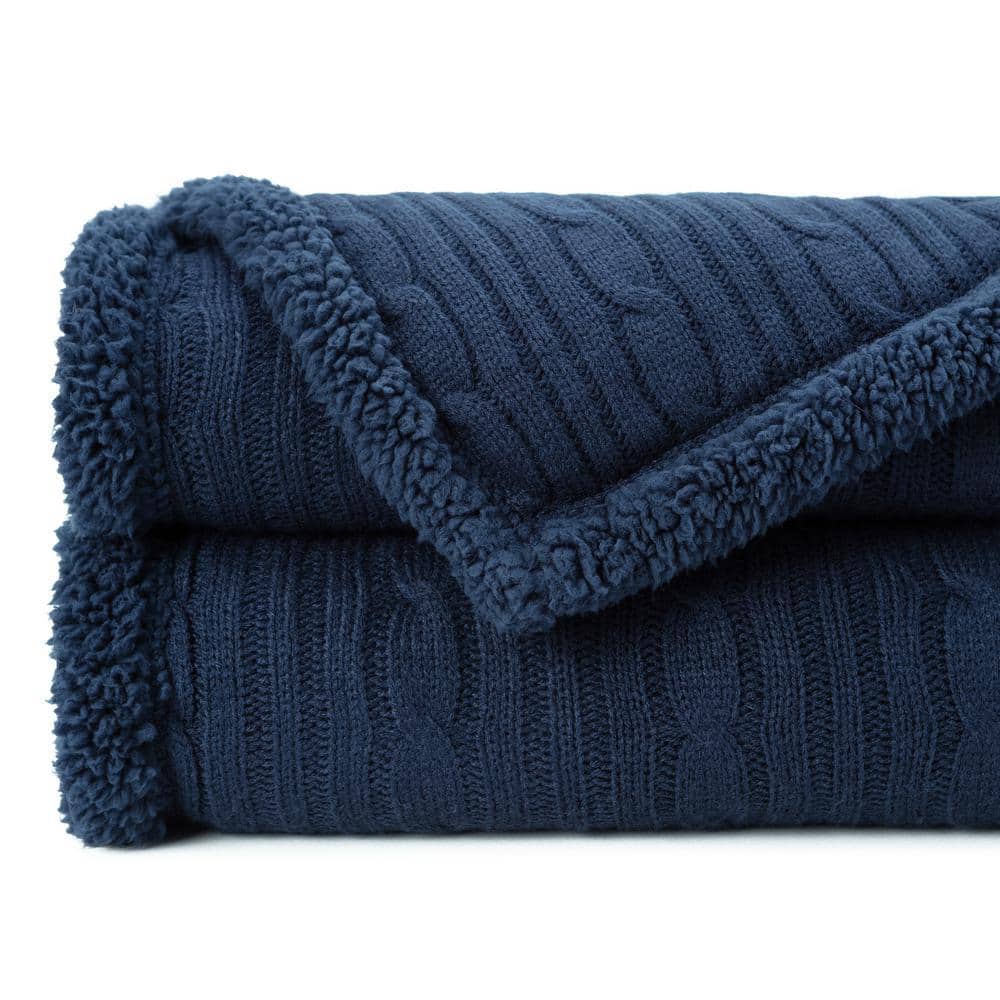 CHANASYA Cable Knit Blue Polyester Throw Blanket with Reversible Sherpa ...