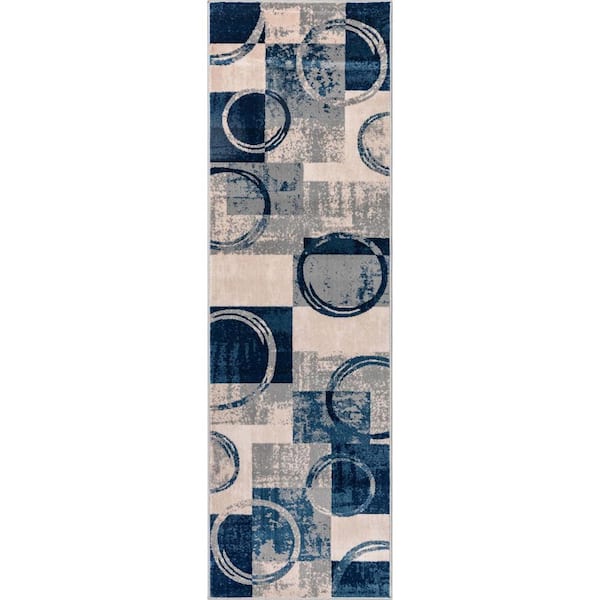 Barclay Shai Modern Geometric Grey Blue 2 ft. 3 in. x 7 ft. 3 in. Runner Area Rug